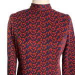 Vintage 60s Wool Blend Mod Sheath Dress S Red Blue Geometric High Neck Lined Zip Photo 1