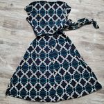 Olivia Matthews Womens Blue Geometric Sleeveless V-Neck Tie Dress Size Small Photo 2