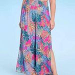 Kona Sol Leaf Print Multicolor Smocked Waist Side Slit Flowy Beach Pants Boho M Photo 0