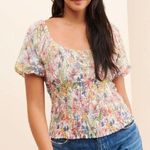 Anthropologie  Aurelia Smocked Top Floral Cream Size M Balloon Sleeve Ruching Photo 1