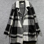 New Directions Cardigan Sweater Women Medium Black White Plaid Knit Stretch Cozy Photo 0