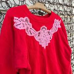 Vintage Red Sweatshirt pink crochet lace doily cutout LARGE Photo 1
