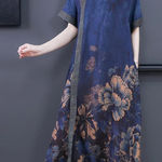 Buykud XL Blue Floral Print Chinese Retro Dress 100% Viscose Mandarin Collar Photo 0