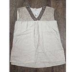 Peck & Peck  100% Linen Top Beaded Beige Tan V neck Sleeveless Blouse Shirt Small Photo 0