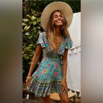 Princess Polly  V-Neck Floral Print Ruffle Wrap Mini Dress Blue‎ Bohemian Size 2 Photo 1