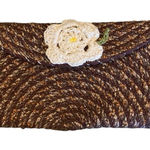 Hand made brown rope embroidered clutch white crochet flower boho western 70s Photo 0
