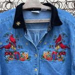 90s Americana Christmas presents mistletoe cardinals chambray button up shirt Blue Size L Photo 1