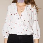 RIXO Sofia White Red‎ Embroidered Wrap Waist Tie Blouse Top Boho Ruffle Size XS Photo 1
