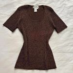 Joseph A Brown orange metallic . Knit tinsel top with short sleeves scoop neck Photo 0