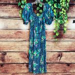 Lilly Pulitzer Camille Dress Formentera Turquoise XL Midi Floral Cheetah Puff Photo 2