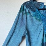 One World  Blue Embroidered Rhinestone Y2K Tunic Blouse Womens L Maximalist Top Photo 2