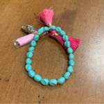Juicy Couture  Turquoise Bead Pink Tassel Safety Pin Charm Stretch Bracelet Photo 4