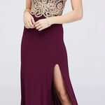 Blondie Nites  Gold Beaded Lace Illusion Sheath Gown – Burgundy Prom Dress Size 7 Photo 0