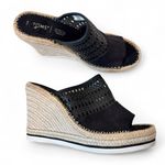 Toms Black Leather Peep Toe Espadrille Wedge Sandals Womens 11 Beachy Summer Photo 0