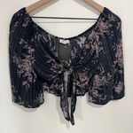 LUNIK Tie Front Crop Top Size Medium New Gray & Mauve Floral Stripe Photo 0