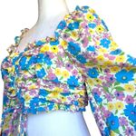 Fiestar Smocked Crop Top Front Lace Up Puff Sleeves Floral Womens Size Large NWT Blue Photo 9