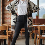 Aztec Patterned Open Cardigan S/M Pale Gray Black and Southwestern Color Block Size M Photo 0