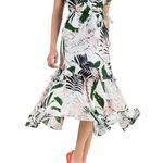 Milly 100% Silk Tropical Print Layered Ruffle Trim Slip Midi Dress White/Green 4 Photo 0