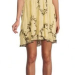 Ganni  Pale Butter Yellow Floral Pleated Georgette Mini Dress Size Medium Photo 0