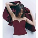 ZARA Strapless Sweetheart V Neckline Corset Bustier stretch M Burgundy Maroon Photo 4
