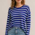 Chaser CHASOR Boxy Flow Pullover Sweater Sapphire Blue White Striped NWT Women's Size M Photo 0