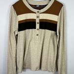 Lands' End Henley Shirt Womens XL Beige Brown Stripe Ribbed Retro 70s Cabincore Tan Photo 0