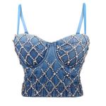 Papaya  Blue Rhinestone Embellished Crop Top Photo 1