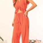 Fancyinn NWT  2 Piece Outfits Deep V Neck Ruffle Crop Top Split Wide Leg Pant Set Photo 1