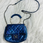 Badgley Mischka  Elegant Blue Quilted Handbag With Pearl Handle wedding formal Photo 0
