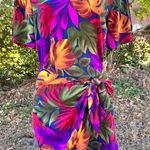 Vintage 80s Tess Dress Bright‎ Tropical Floral Tie Waist Made Hong Kong Size 6 P Red Photo 0