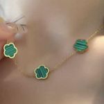 Gold Plated Clover Necklace Earring SET Green 5 Petals Unisex Womens Mens Photo 1