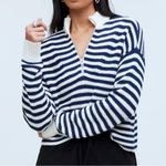 Madewell Ribbed Half-Zip Sweater in Stripe in Bright Ivory Photo 0