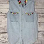 Vintage Denim Sleeveless Button Down Floral Embroidered Shirt Lg Blue Photo 0