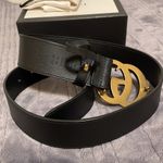 Gucci Black Leather Belt with Gold GG Buckle Photo 2