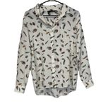 The Kooples 100% Silk Cream Multicolor Boho Feather Print Button Down Top Sz S Photo 1