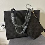 Bebe NWT  Black Tote with Pink Stripes with Matching Wristlet Pouch 16 W x 13 H Photo 8