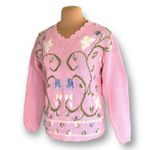 Vintage 90s Embroidered Floral Sweater Pink Scalloped Neck Cottage Flower Knit Size M Photo 3