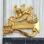 Vintage Gold Tone Harp Brooch Pin Cupid Angels Rhinestone Heart 1.75" Photo 7