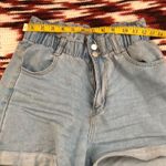 Light Wash Blue Denim Jean Paper Bag Elastic Scrunch Ruched Waist Shorts High Rise Mom Fit Cuffed Photo 2