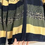 Vintage Green Yellow Striped Leaf Embroidered Knit Zip Up Cardigan Sweater XL Blue Photo 1