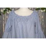 Mileage Blue Striped Embroidered Roses Blouse Top Plus Size 1X 3/4 Bell Sleeve Photo 2