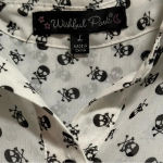 Wishful park  Button Front Skull and Crossbones Print Tie Waist Sheer Top Size L Photo 2