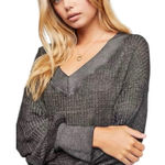 Free People  We The Free South Side Thermal Top Black Waffle Knit Oversized XS Photo 0