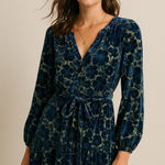 Greylin Floral Velvet Mini Dress Navy Blue Green Tie Waist Large Whimsigoth Photo 0