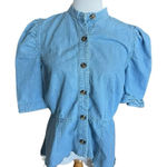 Who What Wear Womens  Chambray Button Down Raw Hem Puff Sleeve Jean Shirt - Sz L Photo 0