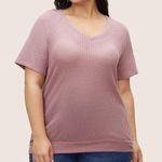 Bloomchic Plain Waffle Knit V Neck T-Shirt Photo 0