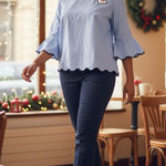 Sweet Wanderer Blue  Pinstripe Ruffle Sleeve Top with Floral EmbroideryMedium Photo 0
