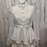 Womens Tops Floral Applique Ruffle Hem Frill Trim Top White Size L Photo 0