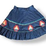 Vintage Handmade Southwest Denim Skirt Tiered Ruffle Hem Abstract Art Appliqué Blue Size L Photo 0