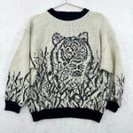 Vintage 80s Tiger Sweater Novelty Big Cats Black Cream Mobwife Made in the USA Size L Photo 0